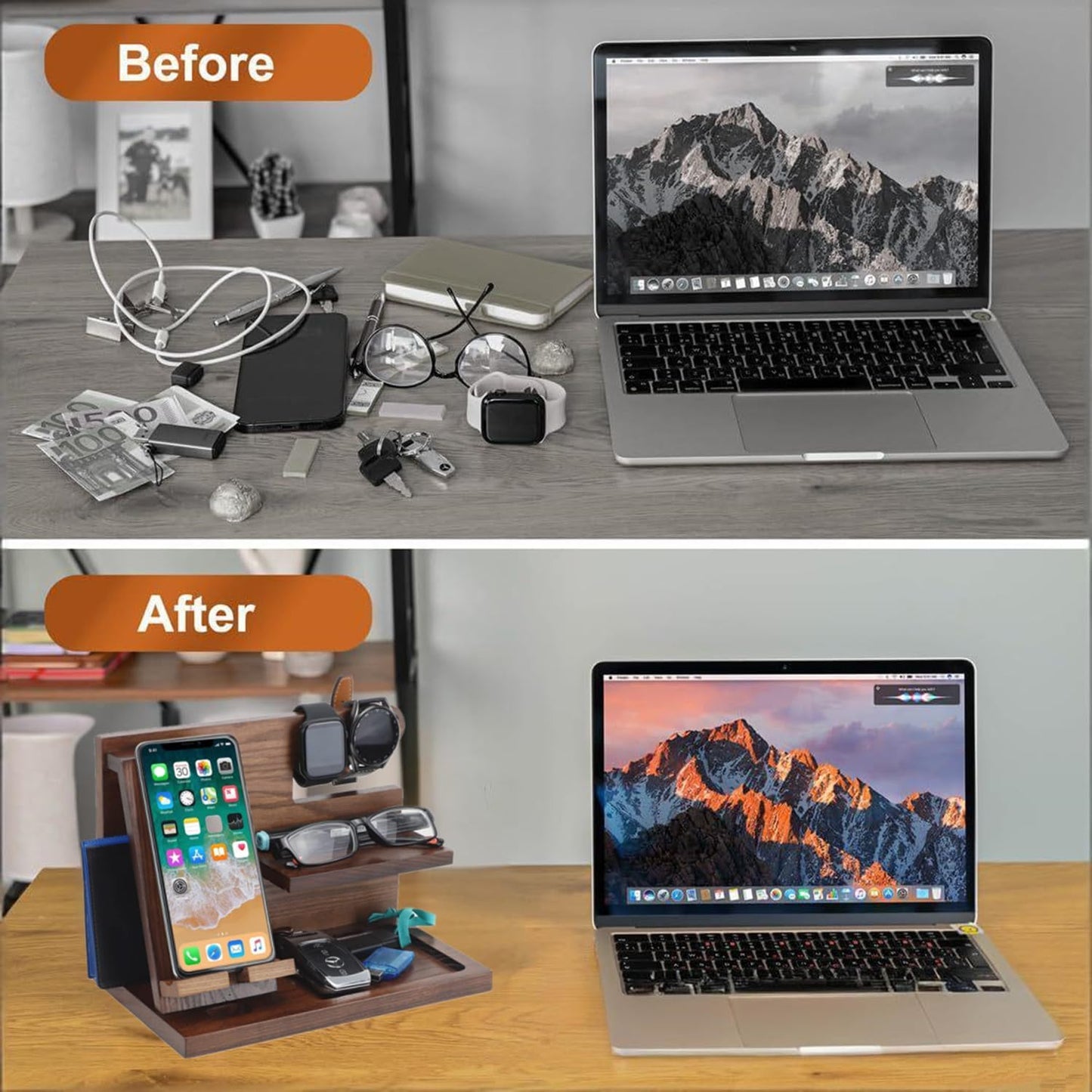 5-in-1 Wood Phone Docking Station, Desktop Organizer for Phone, Watch, Keys, Glasses & Office Supplies, Birthday Gifts
