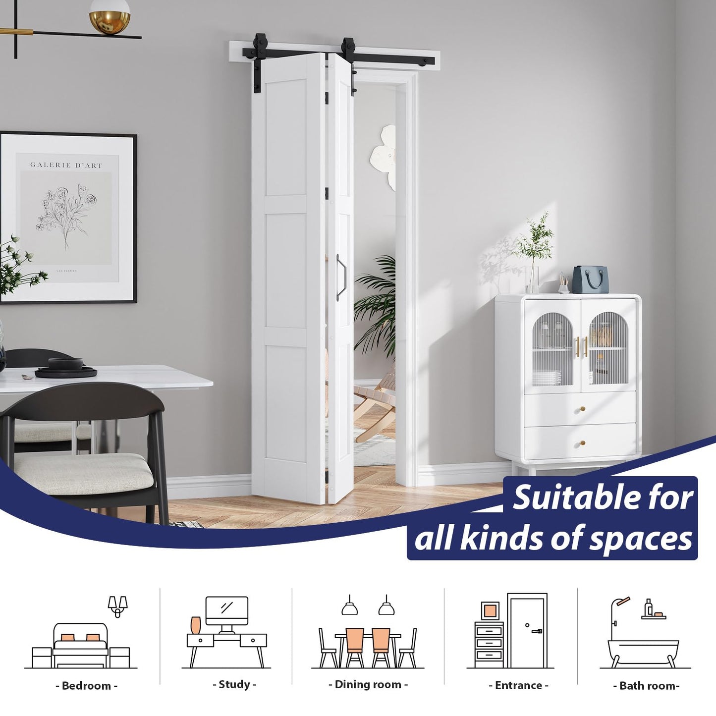 FREDBECK 32X84(Double 16x84) White Bifold Barn Door Sliding Folding Doors with 36" Hardware Track Kit Included,Solid MDF with Water-Proof PVC Surface for Closet,Assembly Required