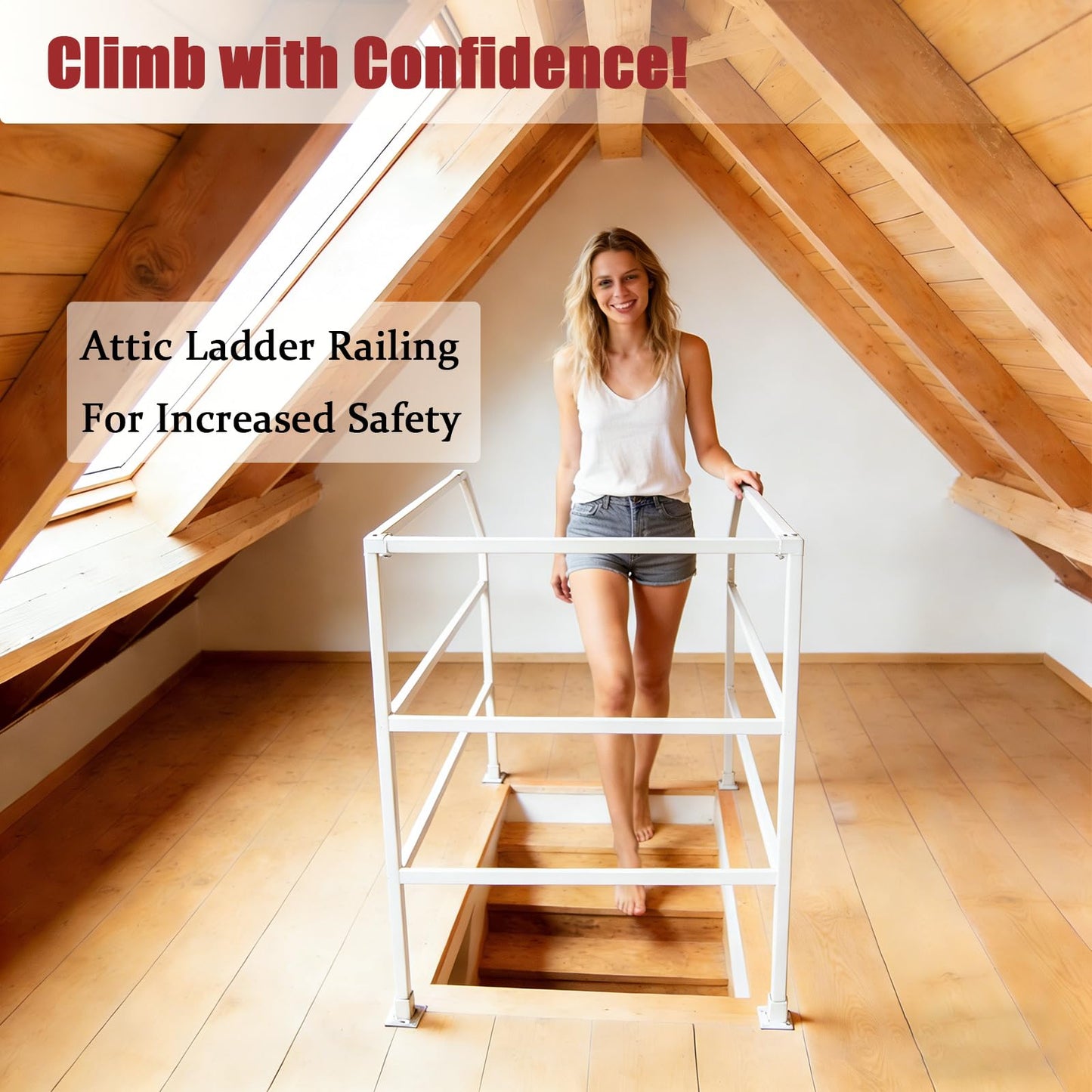 39"-51"Lift Attic Ladder Safety Railing,Attic Ladder Climbing Assistance Railing,Three-layer Adjustable Loft Handrail,3 Sided Carbon Steel Guardrail Ascend Descend at House/Garage/Storage Loft (White)