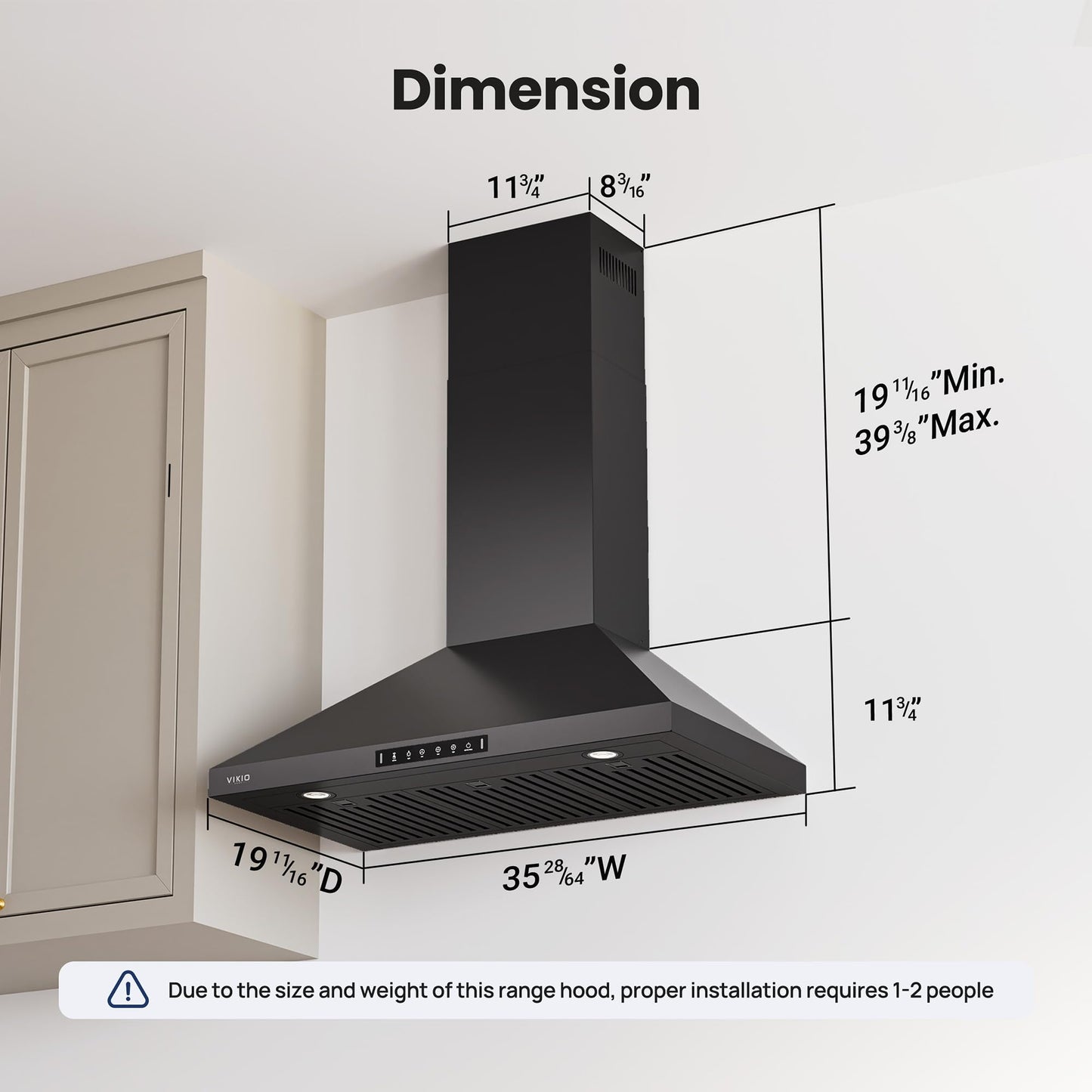 VIKIO HOME Wall Mount 36 Inch Range Hood 900 CFM, Ductless/Ducted Convertible, 3-speed Gesture Sensing & Touch Control, Black Painted Stainless Steel Vent Kitchen Hood with Permanent Baffle Filters