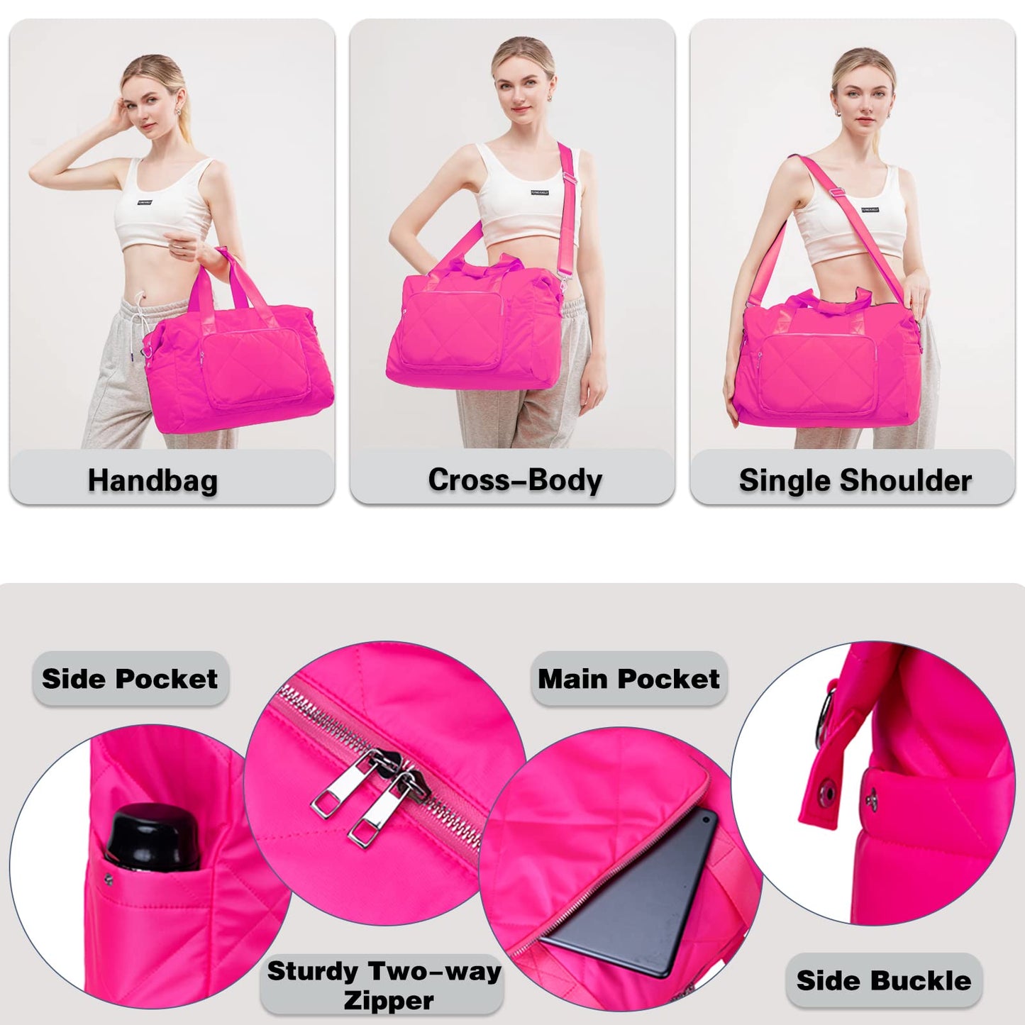 Hot Pink Gym Bag for Women, 18 Inch Lightweight Puffy Carry On Duffel Bag for Travel Sports Yoga, Water Resistant