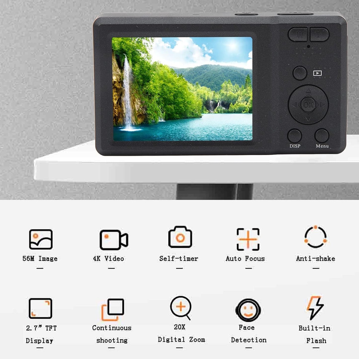 ciciglow 4K 56MP 20x 2.7 128GB Digital Camera, Digital Zoom Camera, in Travel Camera, Built in Flash, Support Up