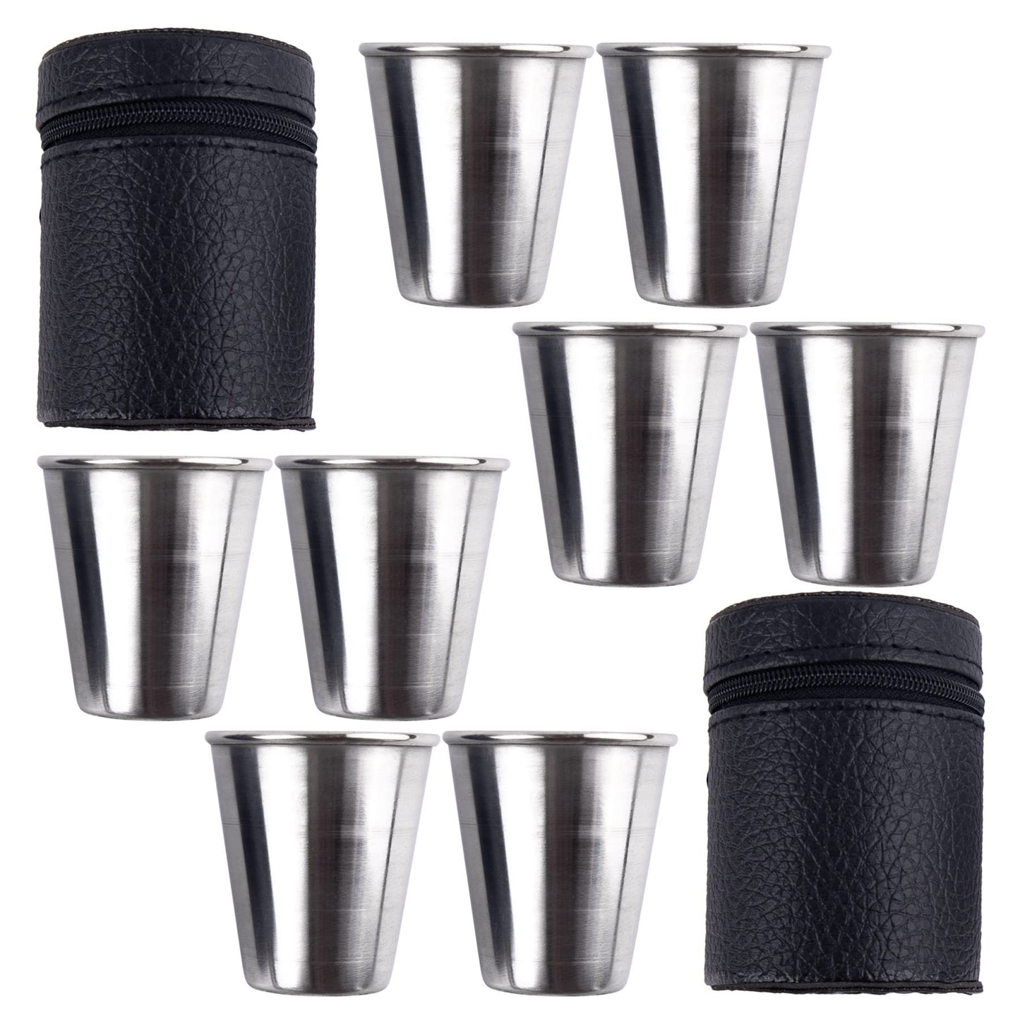 Framendino, 8 Pack 2 Ounce Stainless Steel Shot Cups with Leather Carry Cases Glass Drinking Tumbler