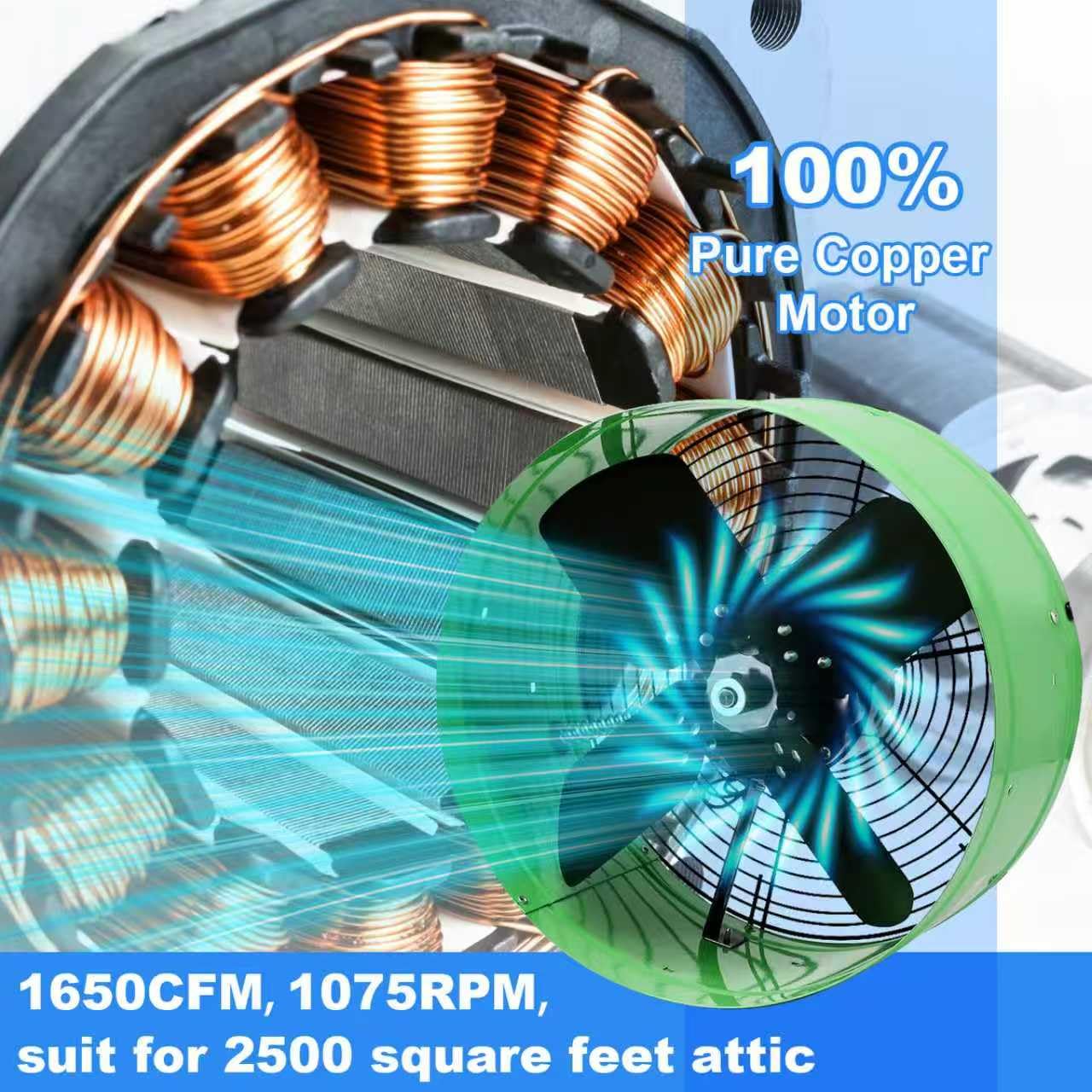 Vent Attic Fan with Adjustable Thermostat, 15" Gable Mount Ventilation Exhaust Fan 1650 CFM, 1075 RPM, 2500 SQ. FT. Attic Ventilator Green for Gable, Shed, Home