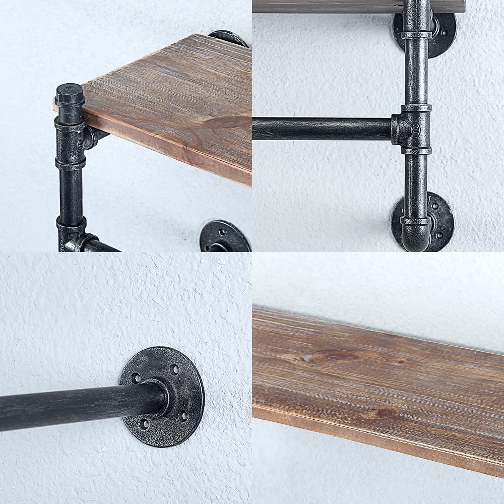 OLDRAINBOW Industrial Pipe Clothing Rack Wall Mounted with Real Wood Shelf,Pipe Shelving Floating Shelves Wall Shelf,36in Retail Clothes Racks Display Rack