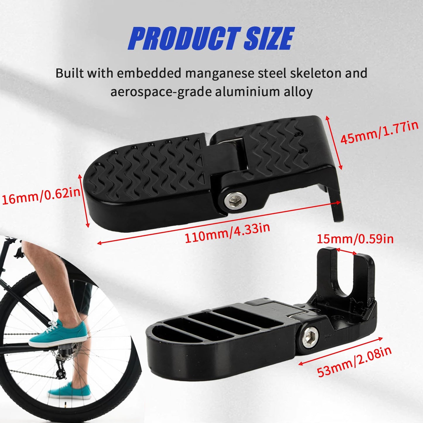 PSLER 2PCS Bike Rear Pedals - Aluminium Non-Slip Ebike Foot Pegs for Passenger, Universal Motorcycle Bicycle Folding Foot Pedal, Fit for E-Bike, Mountain Bike, 15mm U-Shaped Slot Opening