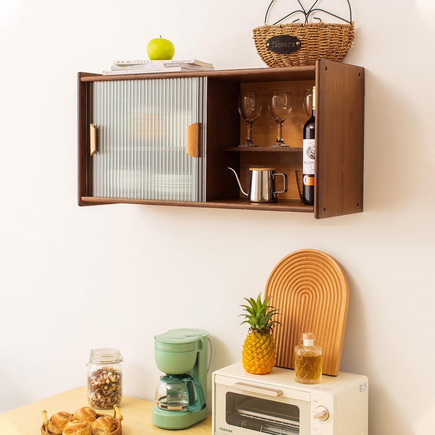 Tiita Small Kitchen Pantry Cabinet, Bamboo Wall Sideboard with Glass Doors, Cupboard Food Pantry Cabinet for Kitchen, Living Room and Dinning Bedroom