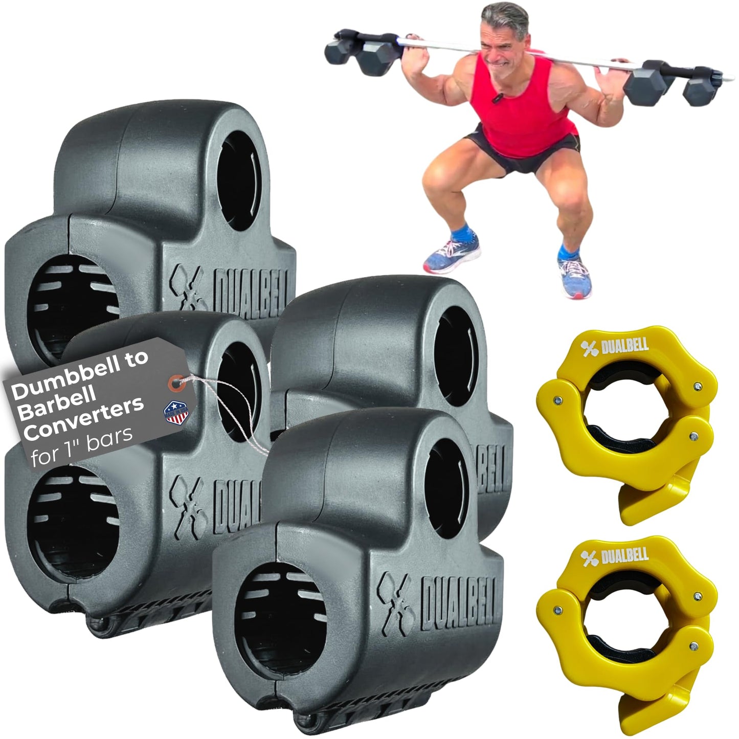 Dualbell Dumbbells to Barbell Converters- Quick Setup Dumbbell Connectors, 500lb Capacity Barbell Adapters, Secure Fit, Quick Setup, Fits 1" Bars, Home Gym Equipment, Black Superset w/Yellow Collar