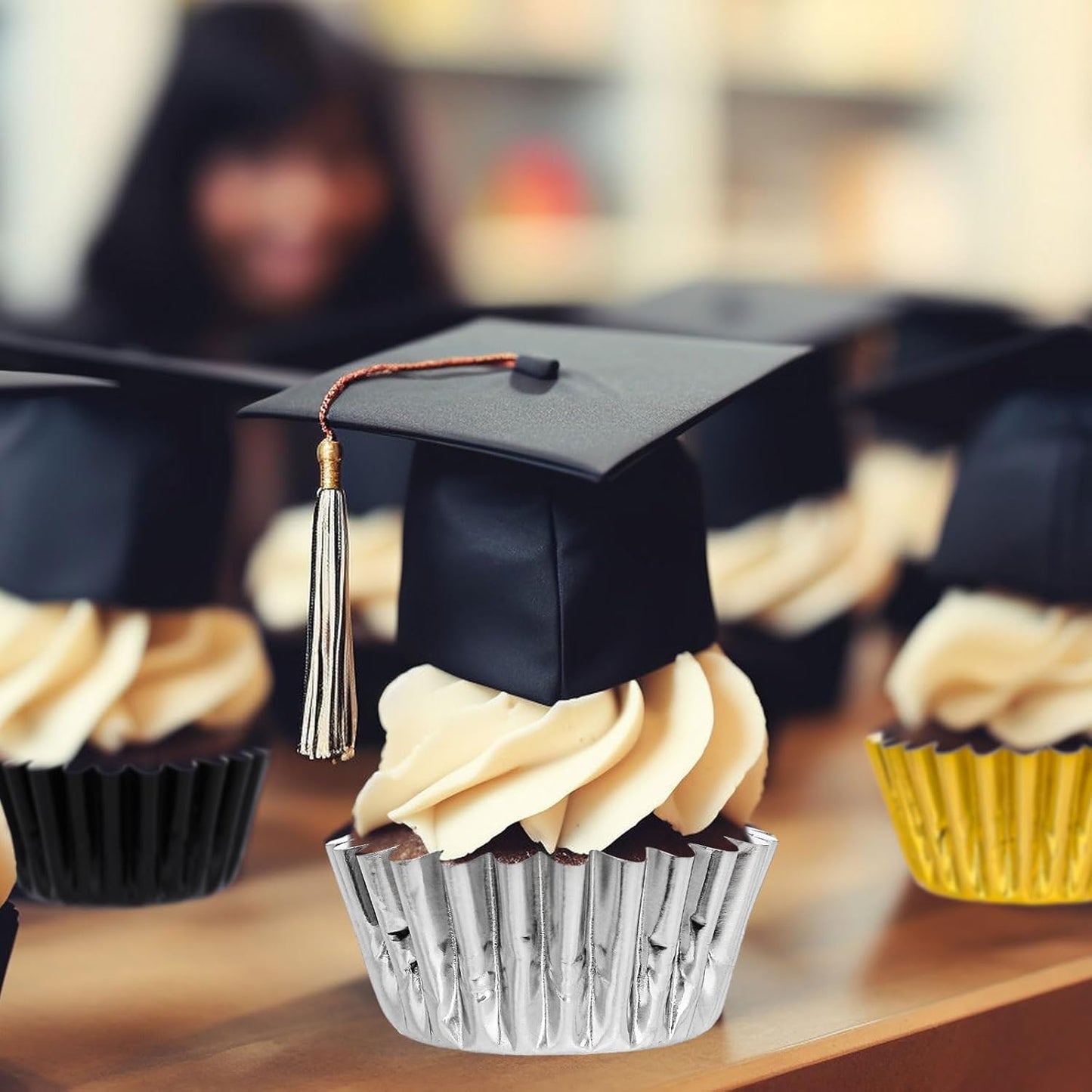 Whaline 300Pcs Graduation Cupcake Liners - Black Gold Silver Foil Baking Cups for Party Supplies