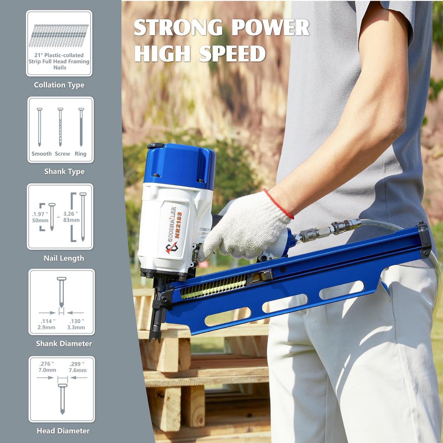 Goodnailer NR2183 Framing Nail Gun 21 Degree Plastic Strip Nailer 2-Inch up to 3-1/4-Inch Plastic Collated Full Head Framing Nailer Aluminum Magazine Light Weight Fast Speed （Navy Blue）