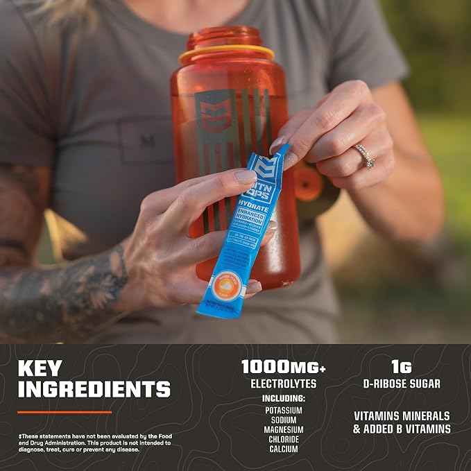 MTN OPS Hydrate Electrolytes Powder Drink Mix, 20 Single Serving On-The-Go Electrolyte Packs with Over 1000mg of Electrolytes per Serving, Pineapple