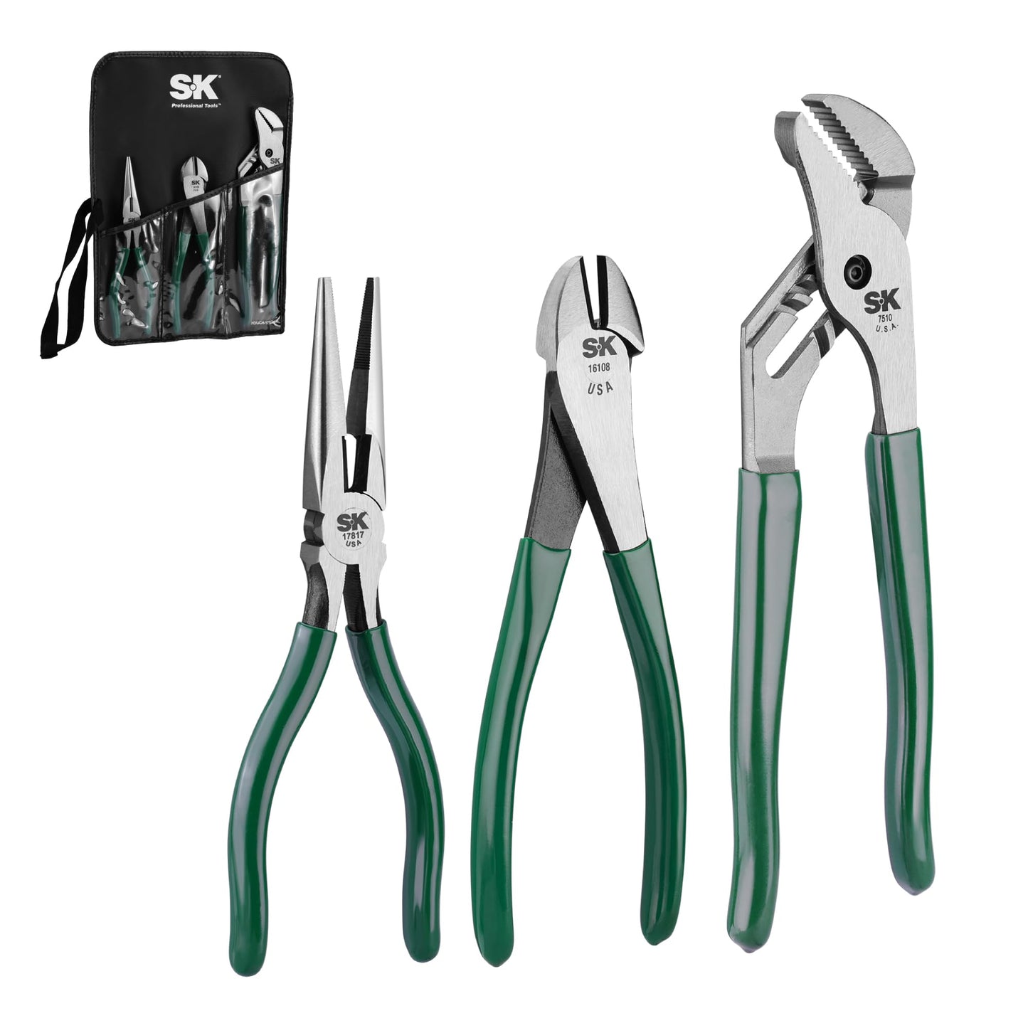 SK Tools USA 3 Piece Water Pump Pliers Set: Diagonal Cutting, Long Nose Cutting, Tongue & Groove | 17840