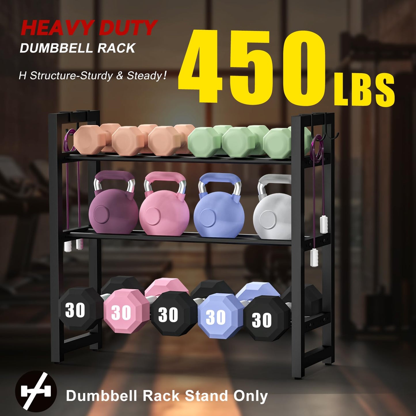 3-Tier Small Weight Rack for Home Gym, Adjustable Dumbbell Rack 450LBS Capacity with Side Hooks, Space Saving Workout Equipment Storage Organizer, Tool-free Assembly