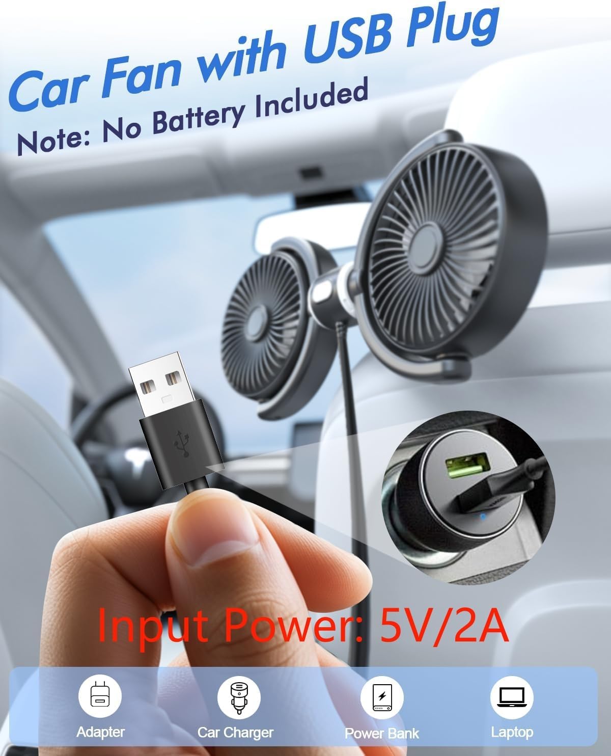 3 360 5V 2A Car Fan USB Powered for Baby: Dual Car Cooling Fans for Backseat Speed Separate Controlled Quiet Brushless