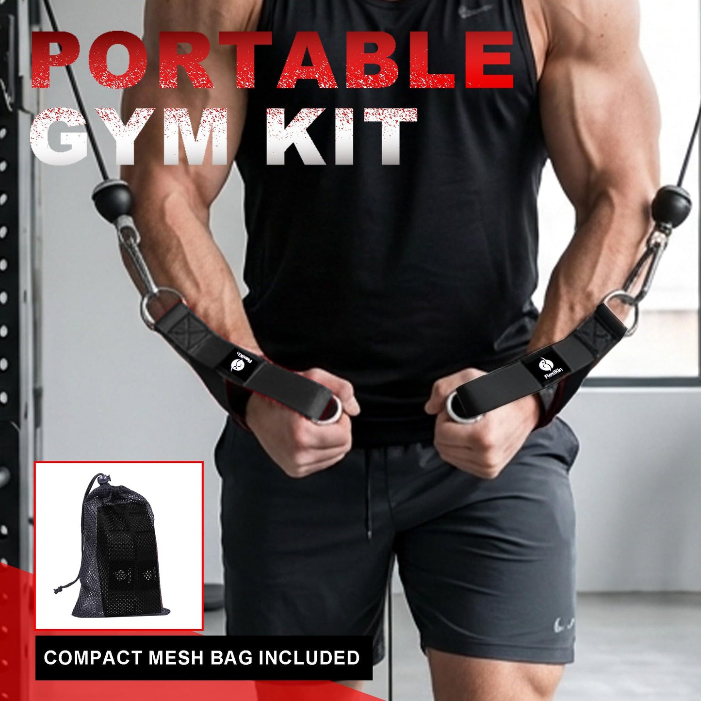 FLEXIKIN Premium Aluminum Alloy Gym Handles with Thickened Strap – Anti-Slip Grid Grip, Heavy-Duty Welded D-Ring for Cable Machine, Pulley System, and Strength Training Workouts (Black)