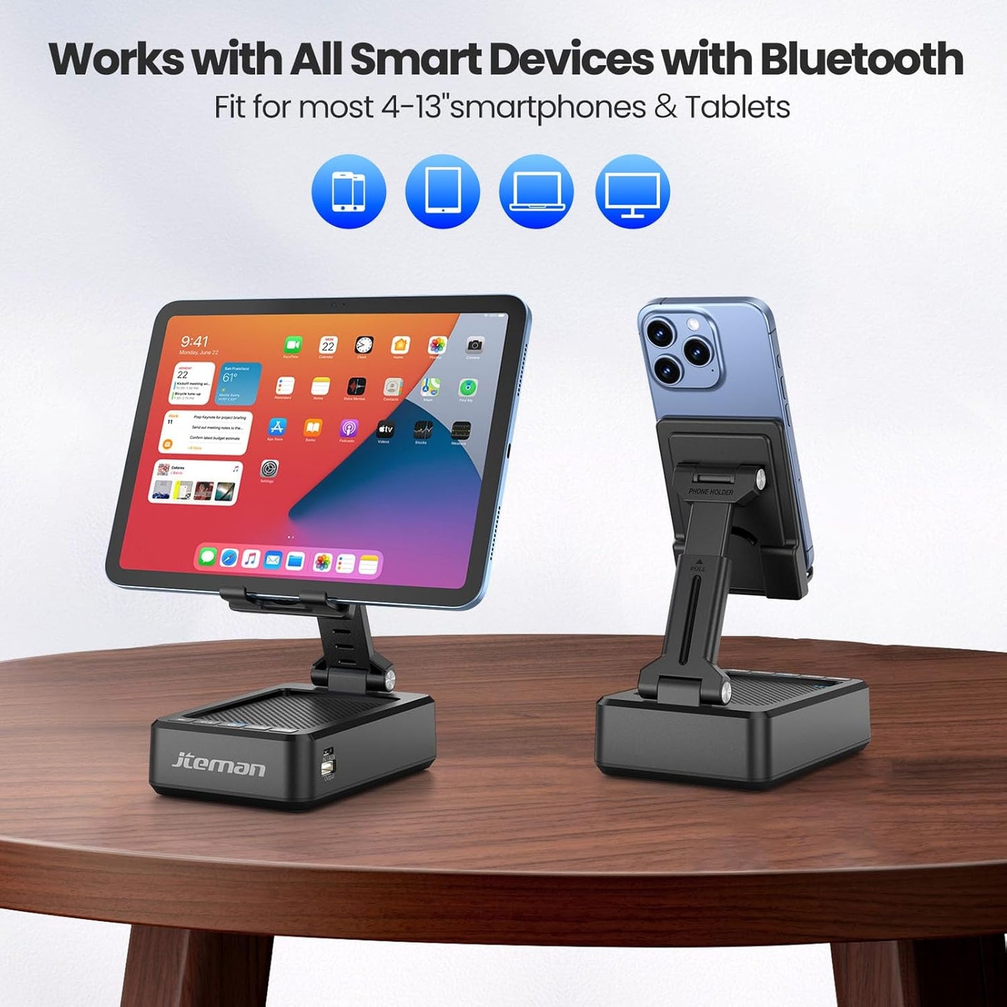 JTEMAN Cell Phone Stand with Bluetooth Speaker,HD Sound Adjustable Phone Holder,Birthday Gifts for Men Women, Cool Tech