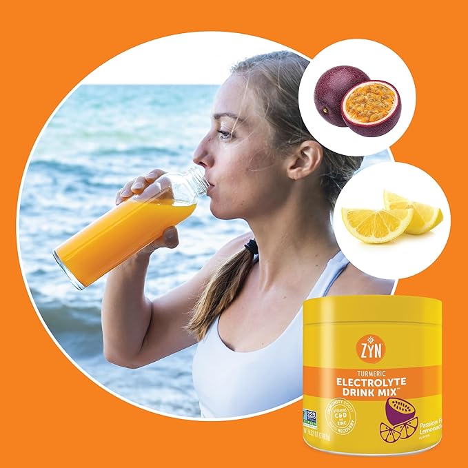 ZYN Electrolyte Hydration Drink Mix (30 Servings), Passionfruit Lemonade Electrolytes Powder, Hydrating Formula w/Turmeric Curcumin, Vitamin C & D, Zinc, Electrolyte Support Drink Mix