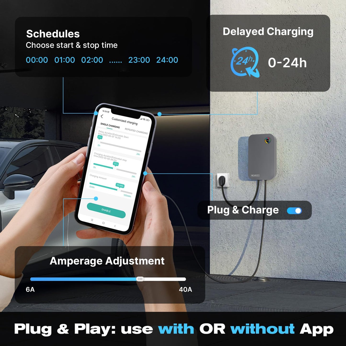 Morec Level 2 EV Charger-40AMP 240V NEMA14-50 for J1772 EVS, WiFi Enabled Electric Vehicle Home Charging Station, ETL Certified, Password Lock Function, 25ft Cable, Grey
