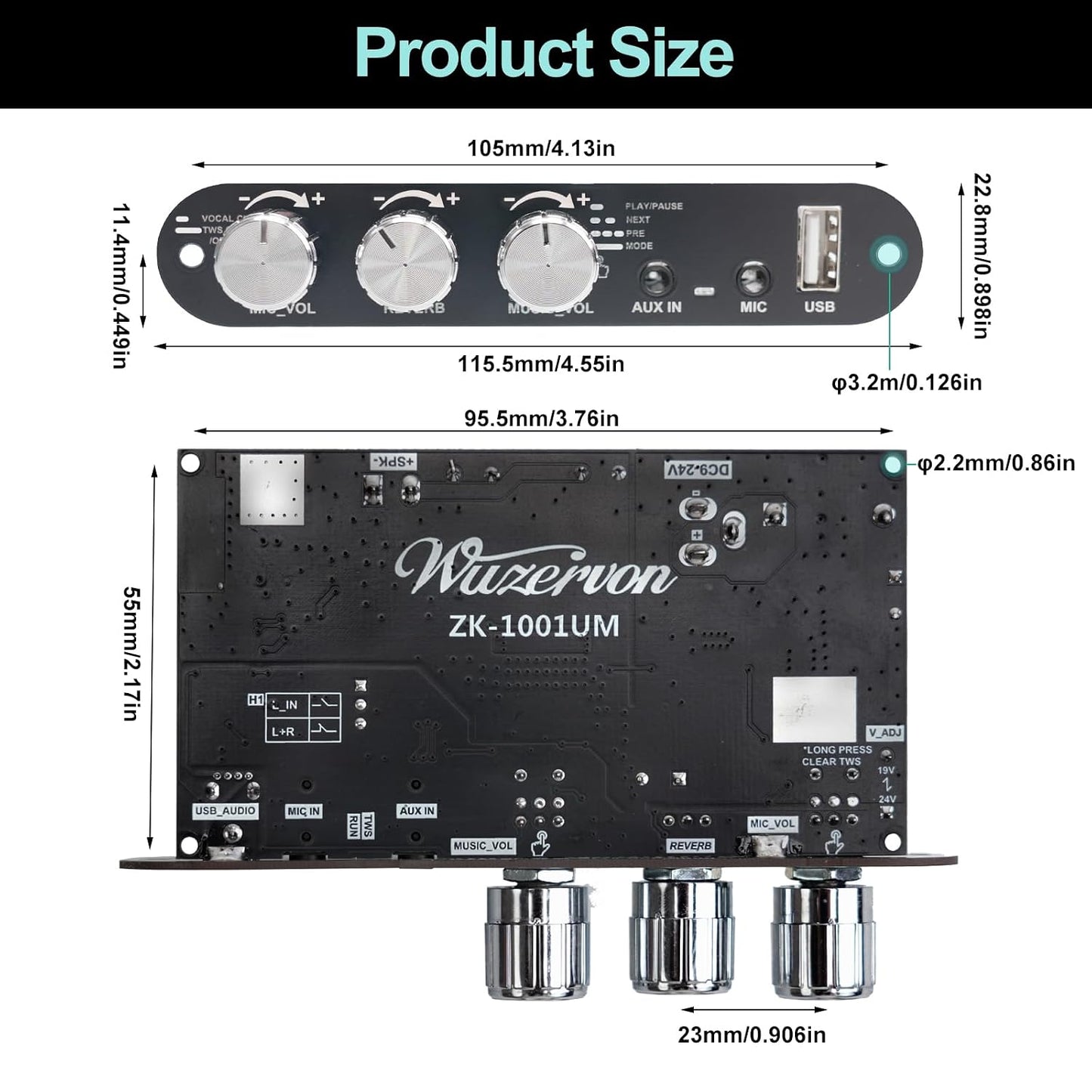 ZK-1001U 100W 9-24V PRO with Mic Input Blue-Tooth Mono Amplifier Board, Echo & EQ, TWS Pairing, USB/AUX, Adjustable Mic