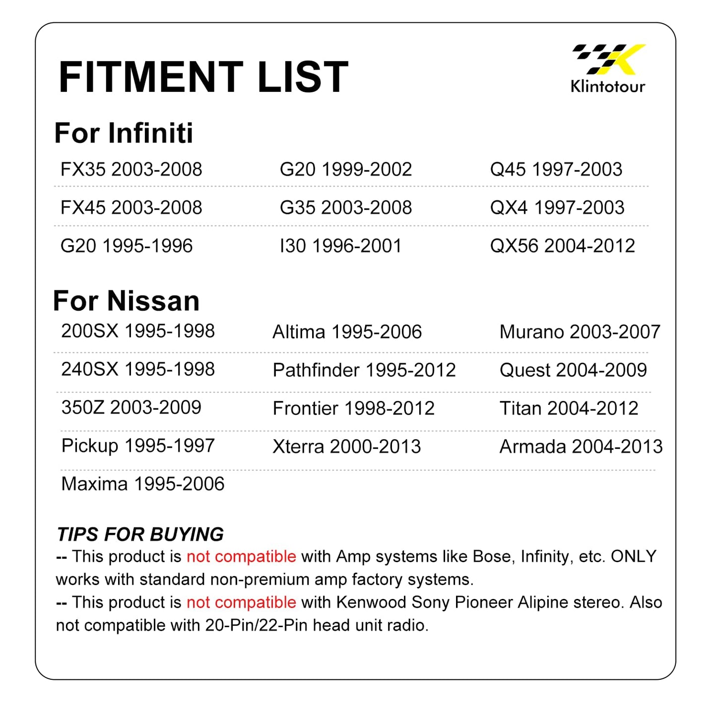 1995-2013/Infiniti 1997-2012, FX35 FX45 G20 I30 Q45 QX4 QX56 Aftermarket Radio Wiring Harness Compatible with Nissan