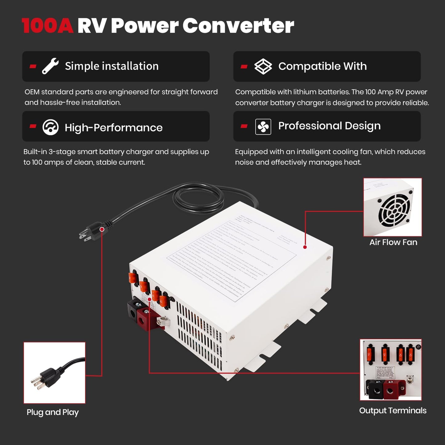 HRepair PM3 100 Amp RV Power Converter 100A 110V AC to 12V DC 100 Amp Battery Charger RV Power Converter Replacement PM3-100LK PM4-100丨White