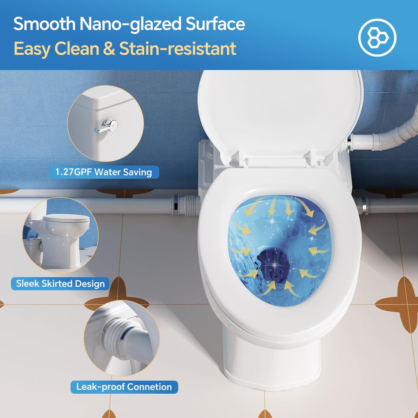 Upflush Macerating Toilet System – 21" ADA Compliant Tall Toilet with Macerator Pump Durable Copper Grinder with 4 Inlets for Basement Kitchen, Shower, Sink & Laundry, Extension Pipe Included