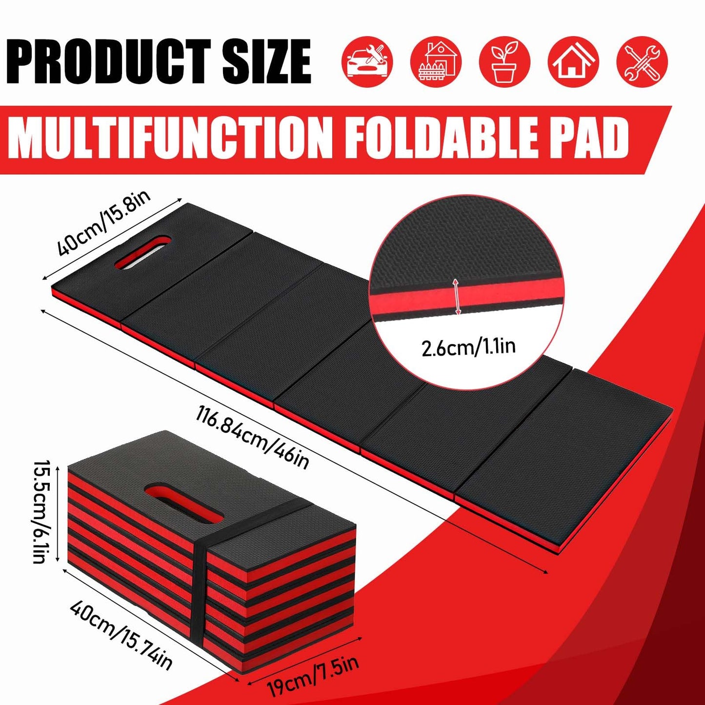 SHENLIU Foldable EVA Utility Mat with Handle, Heavy Duty Mechanic Mat for Kneeling, Workouts, Garages, Gardening, Camping, Picnics, Outdoor Adventures and Home Gyms, Red (46" x 15.8" x 1.1")