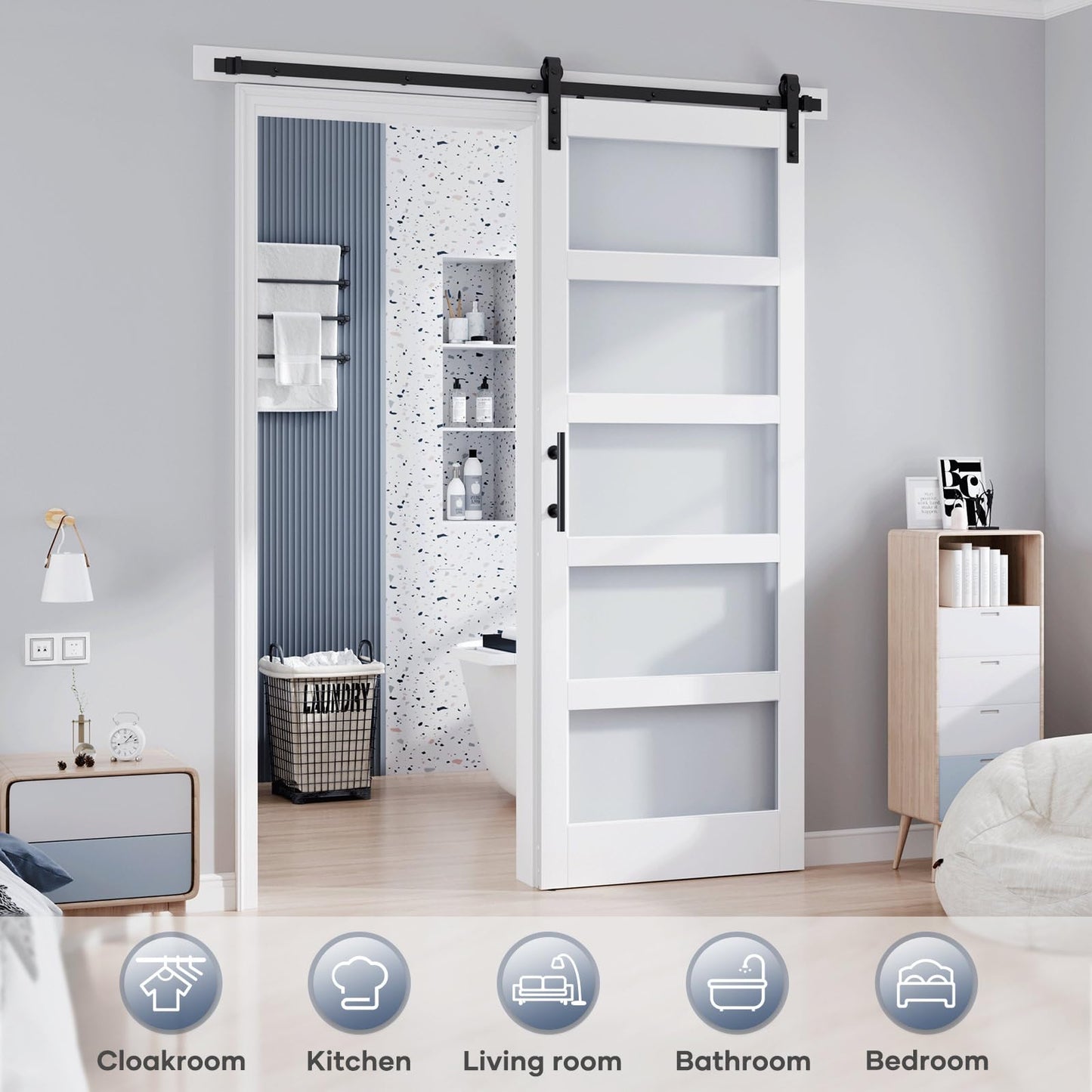 ROYMELO 36x96 Inch Glass Sliding Barn Door Slab and 6.6ft Hardware Kit Included, 5 Frosted Glass, LVL Wood Panel Covered with White Water-Proof Scratch-Proof PVC Surface, Simple DIY Assembly