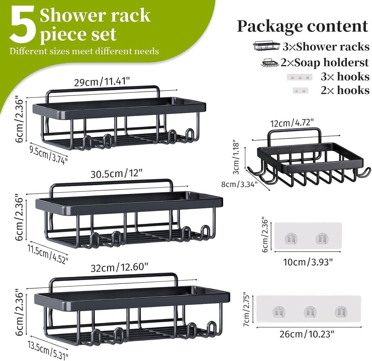 Rustproof Stainless Steel Shower Caddy by [Brand Name] - 5 Pack Adhesive Bathroom Organizers | Large Capacity, No Drilling, Black