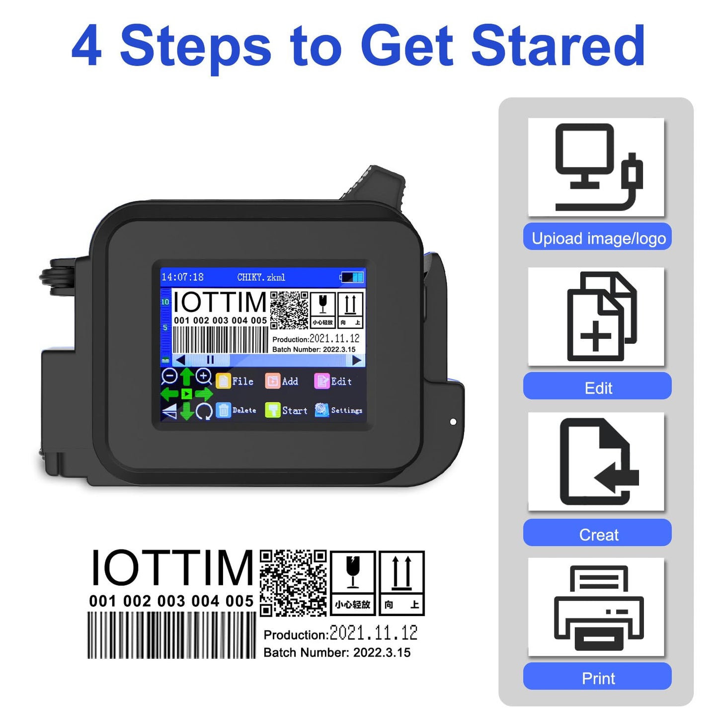 iottim Upgraded Mini Inkjet Printer for All Materials, Fast-Drying SolventInk Cartridge & 28 Languages, Inkjet Coding Machine for Code Date Label Industry Design House Usage