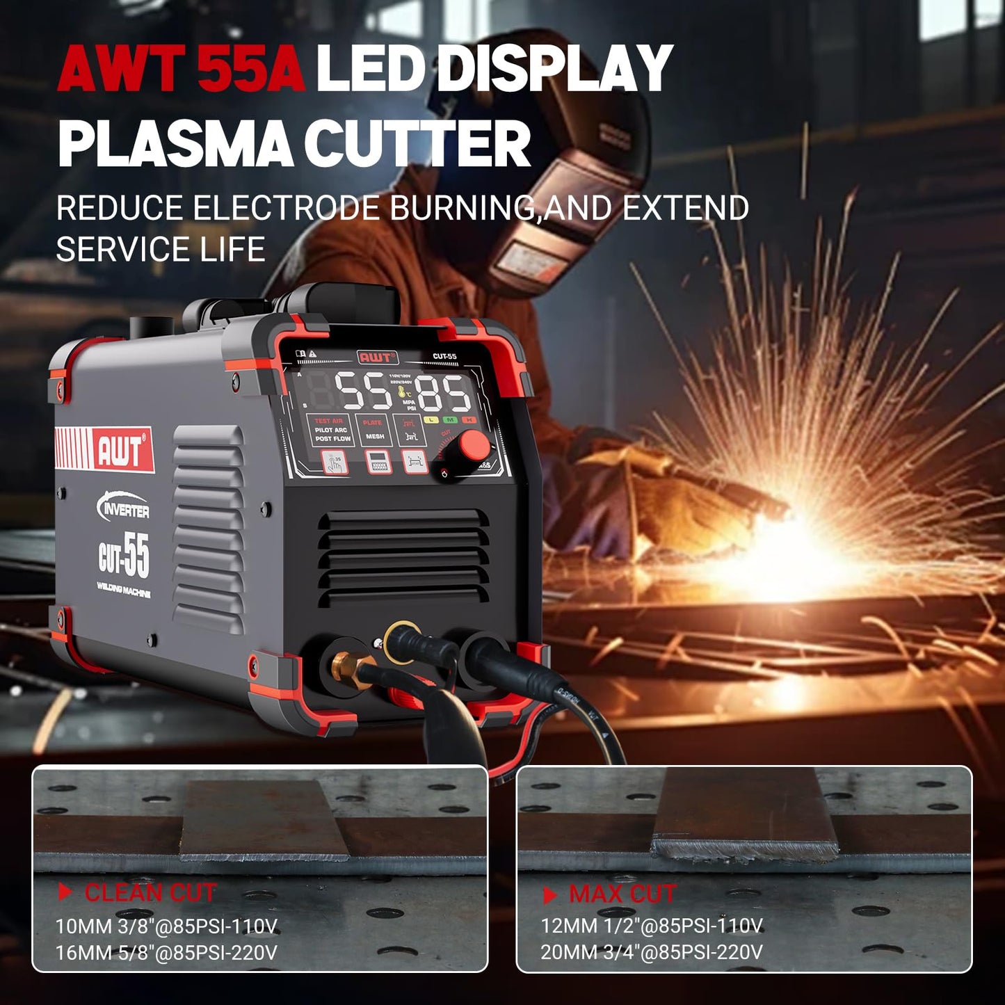 AWT Plasma Cutter,Large LED Display Cutter Machine 55Amps with Non-Touch Pilot Arc,110/220V Dual VoltagePlasma Cutting Machine,IGBT Inverter Air Sensor Technology&2T/4T,Max Cut 3/4"Plate/Mesh Cutting