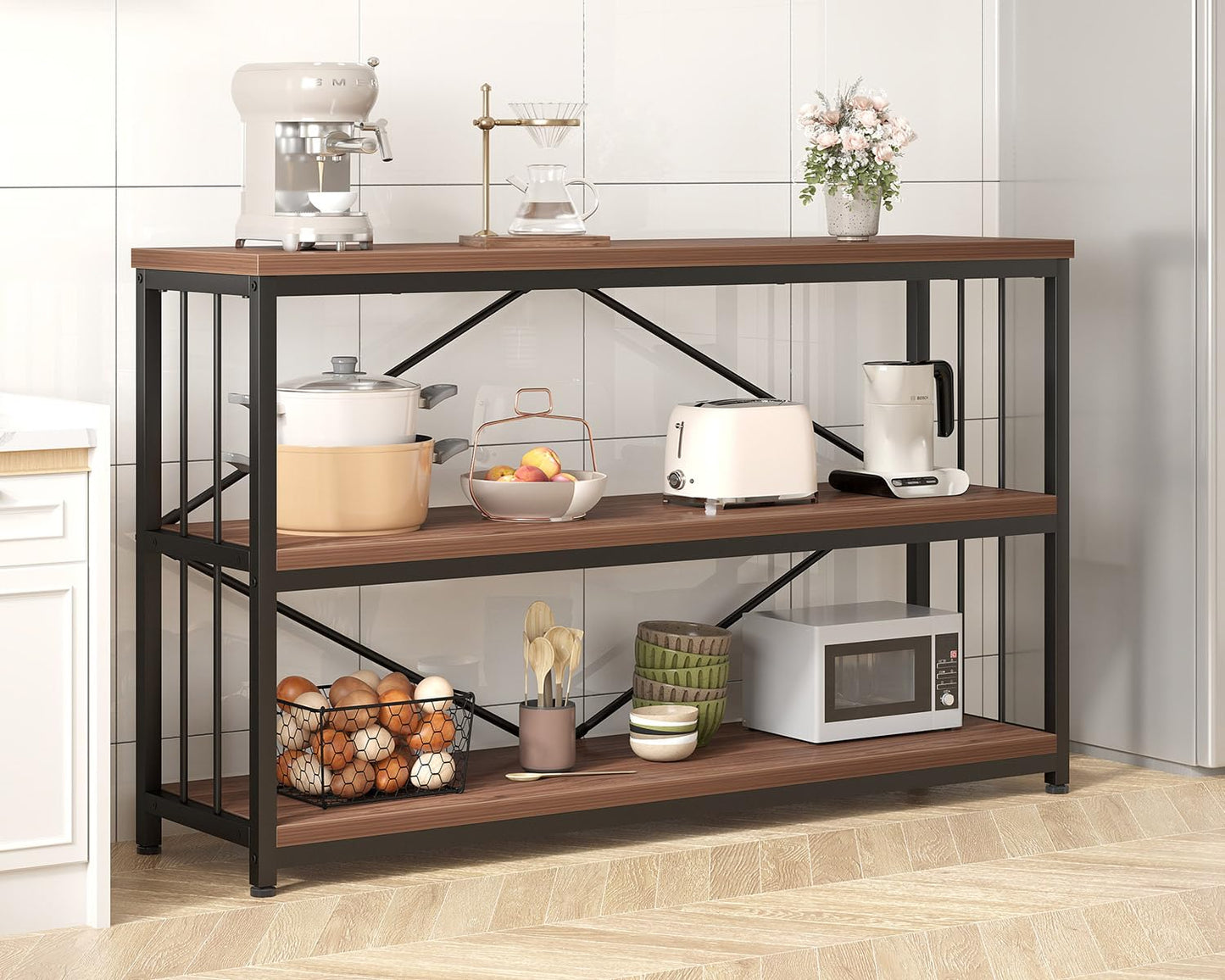 IBF 3-tier Industrial Bookshelf, Wood and Metal Horizontal Shelves Rustic Low Wide Bookcase with Large Open Storage, Farmhouse Simple Display Shelf for Home Office Living Room Kitchen, Walnut, 47 Inch
