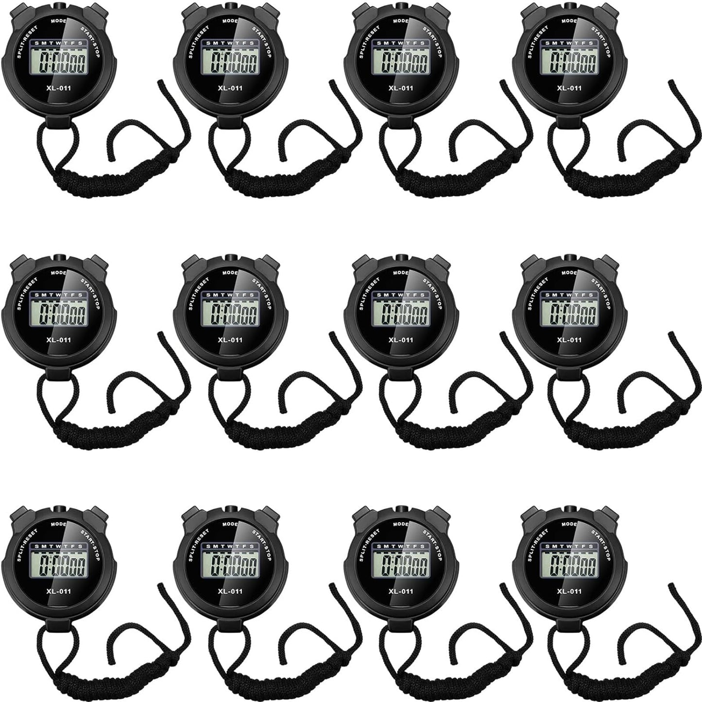 TOODOO 12 Pack Multi Function Digital Stopwatch Timer Bulk Sports Stopwatch with Lanyard Plastic Display Waterproof Date Time Alarm Timer for Coaches Fitness Referees (Black)