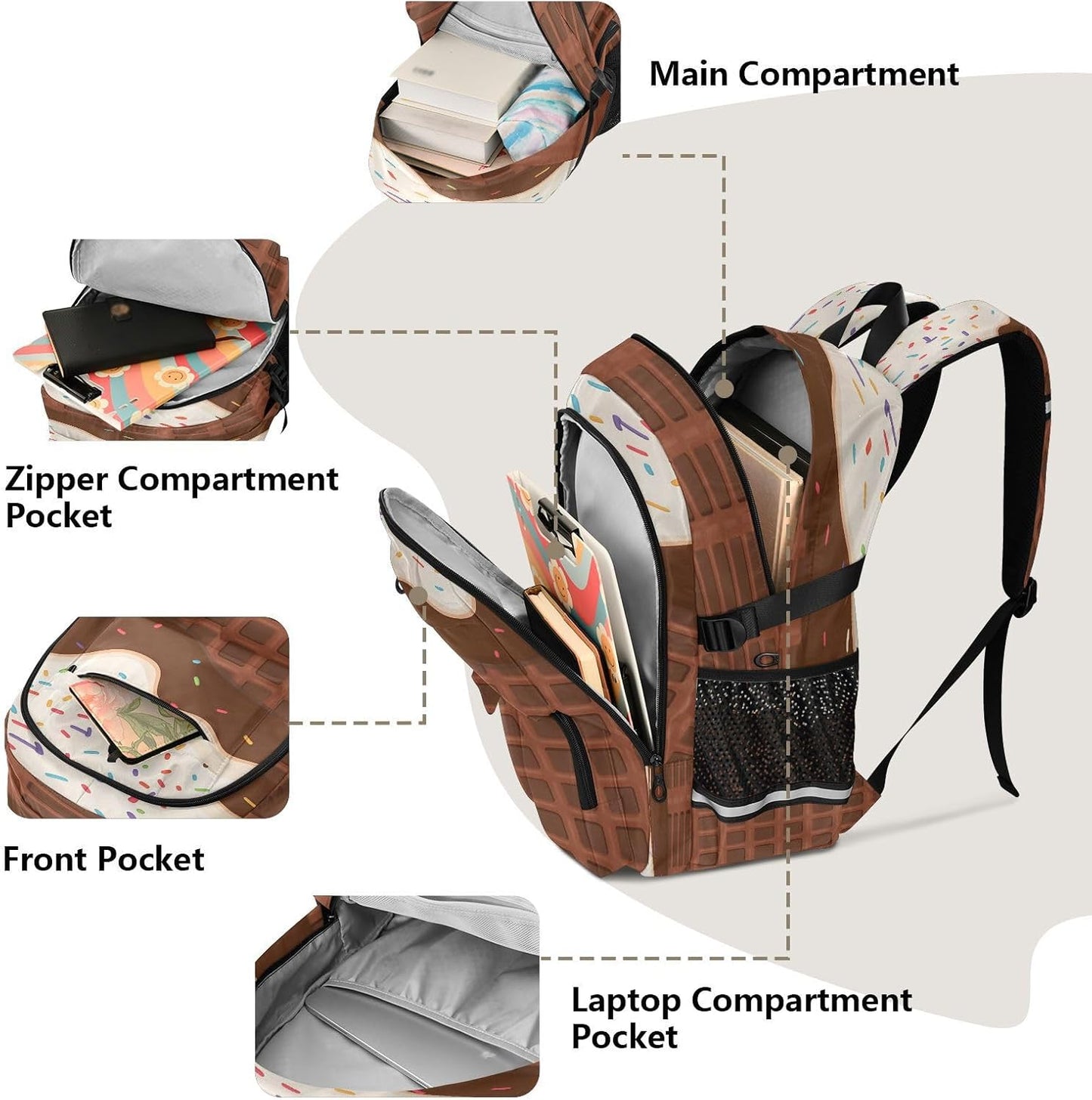 Backpack Backpack Daypack ALAZA School for Teen Girls Boys Ice Cream Chocolate Waffle Kids Purse College Laptop Bookbag
