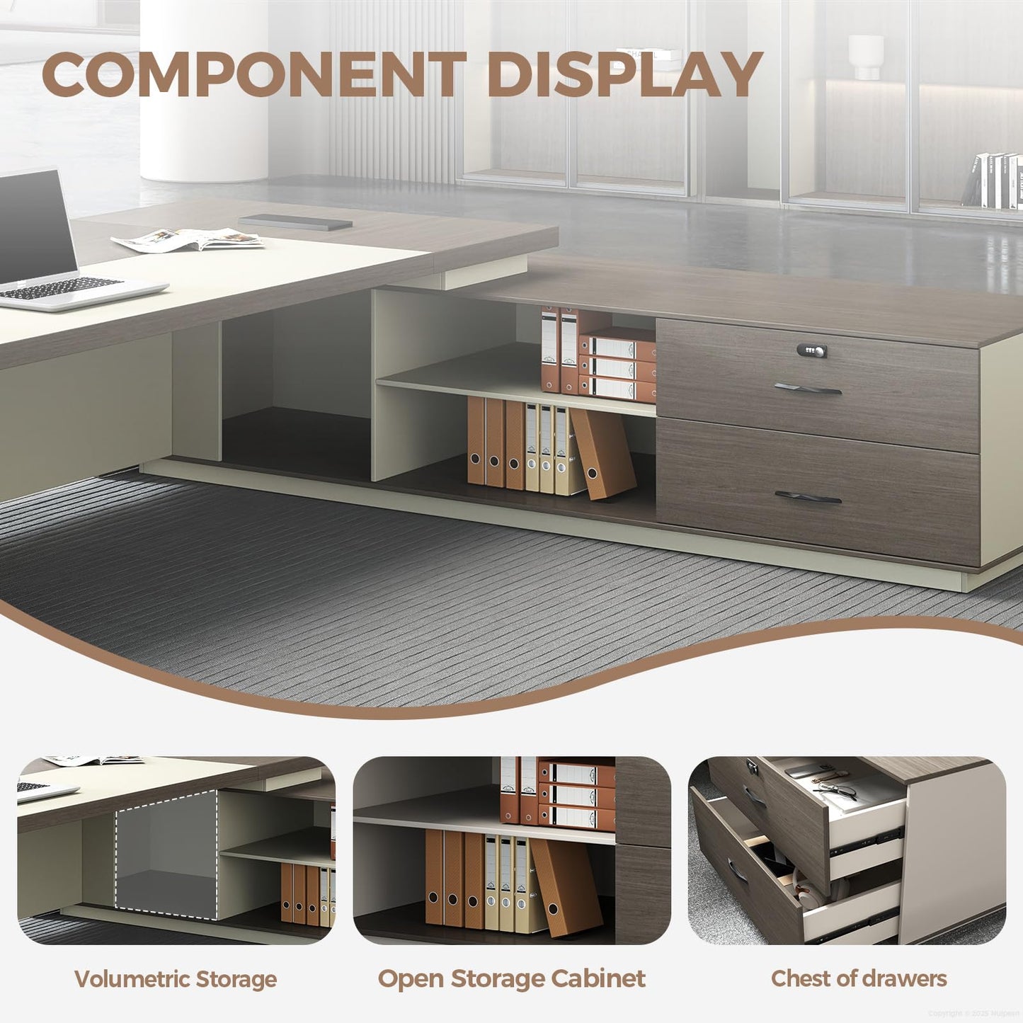 79-Inch L Shaped Executive Desk with Drawers, Large Modern Office Desk with Storage Shelves, LED Lighting, Built-in Power Outlet & USB Ports, Home Office Desk, Smoked Oak & Cream White, Right Return