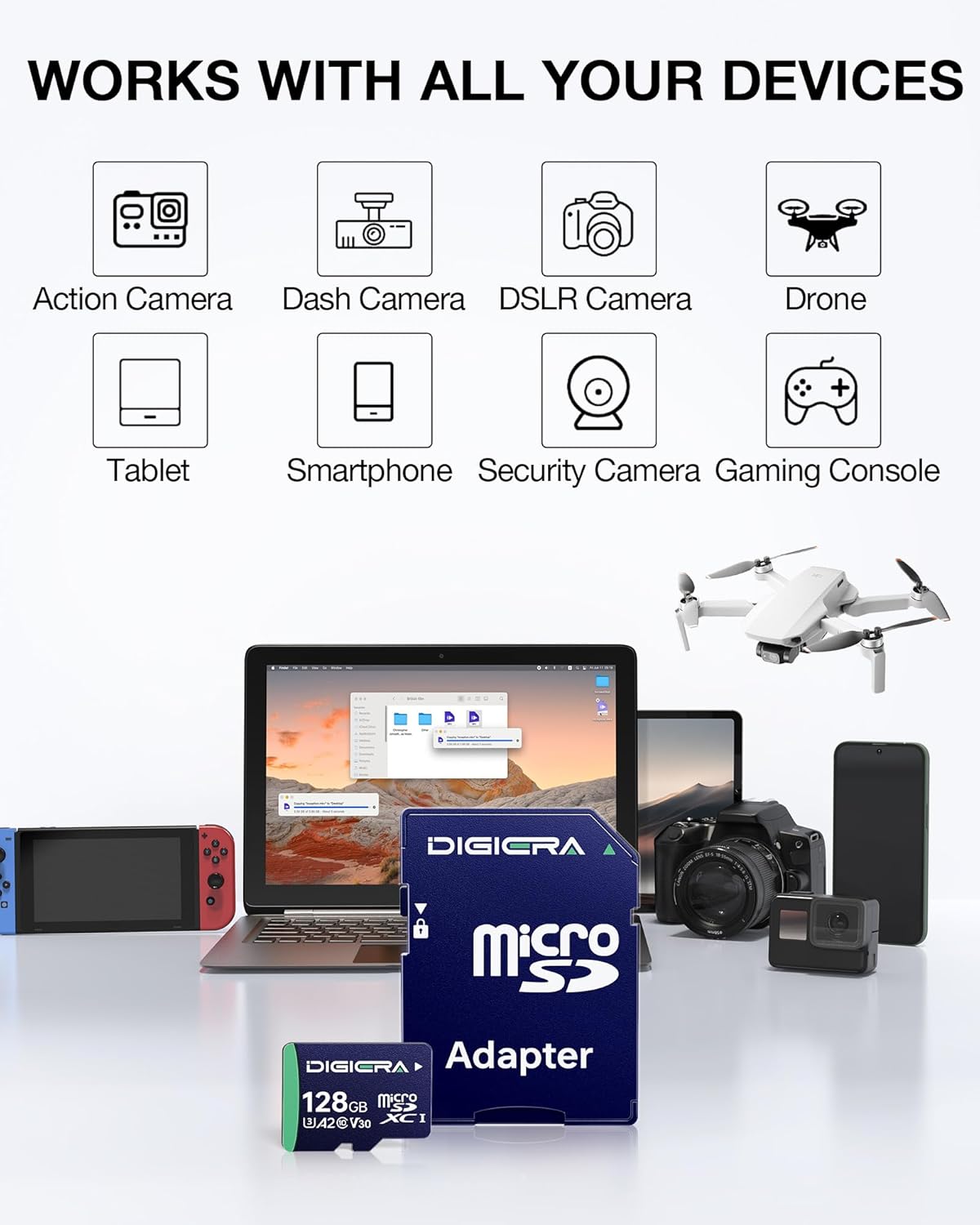DIGIERA 128GB CT100 100MB/s, C10, U3, V30, 4K A2, (1 Pack) microSDXC UHS-I Memory Card with Adapter - up to UHD, Micro