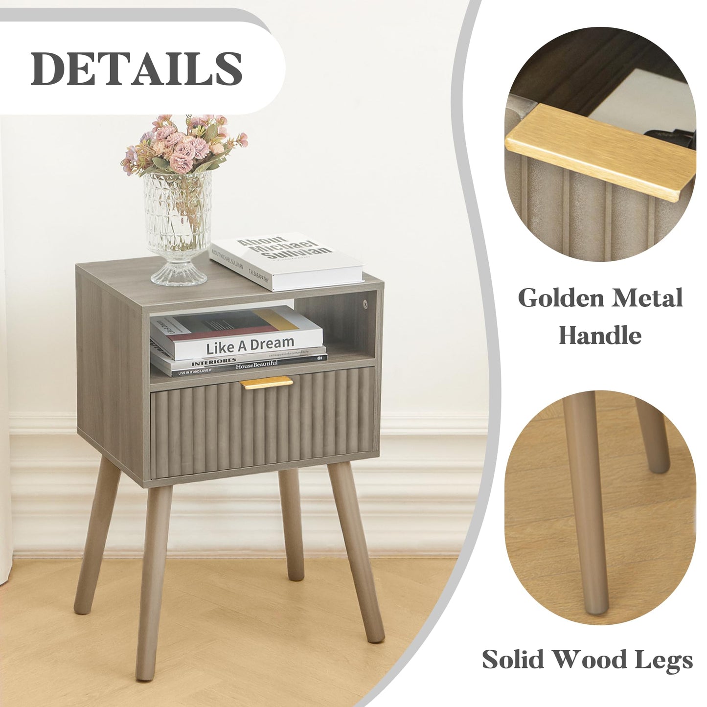 Fultyle Grey Nightstand, Modern Night Stand Wood, Fluted Bedside Table with Solid Wood Legs for Bedroom, Dorm and Small Space (Grey)