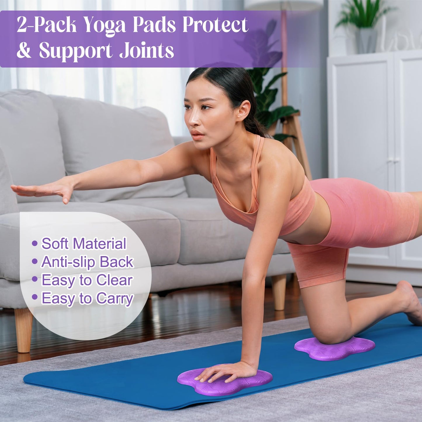 RoundFunny 5 Pcs Yoga Blocks Knee Pads Yoga Strap Set Soft Premium Foam Blocks Accessories for Pilates Meditation General Fitness Stability, Kneeling, Balance, Deepen Stretches and Toning(Purple)