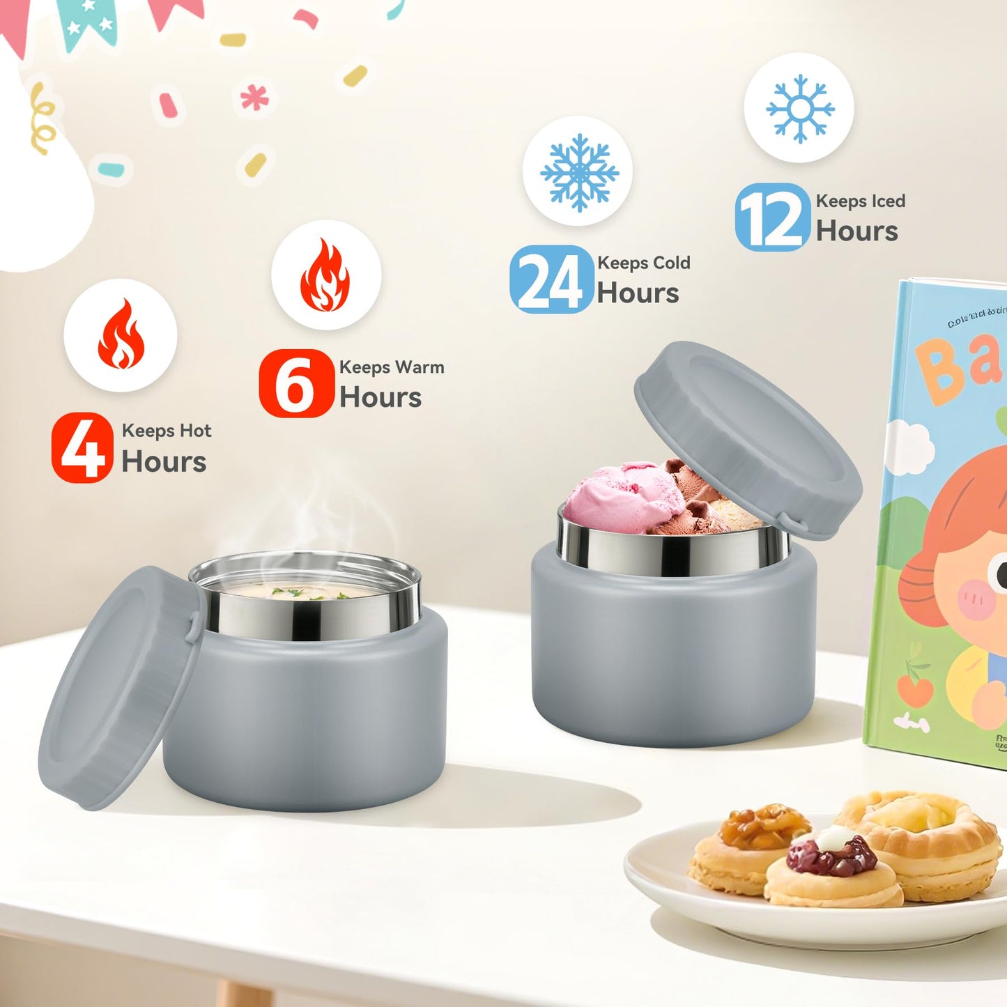 Lunch Box with 13oz Soup Thermo for Hot Food Kids Insulated Food Jar Container with Silicone Water Cup and Spoon & Fork Leak Proof Bento Box Set with 5 Compartment Lunch Bag for School Travel