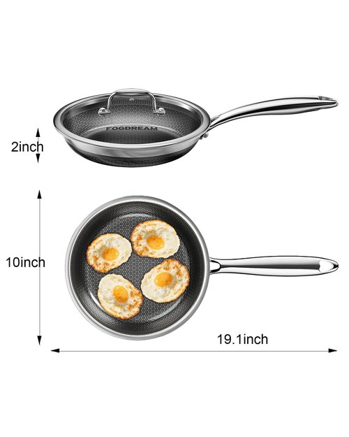 FogDream Non Stick Frying Pans, 10 Inch Stainless Steel Skillet with Tempered Glass Lid Tri-Ply Stainless Steel for All Cooktops, Dishwasher & Oven-Safe Cooking Pan, Stay-Cool Handle, Silver