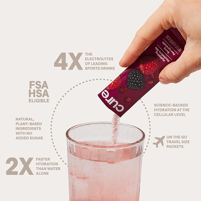 Cure Hydration | Plant-Based Electrolyte Drink Mix | No Added Sugar | FSA-HSA | Dehydration Relief Powder Made with Coconut Water | Non-GMO | Vegan | Pouch of 14 Packets - Berry Pomegranate