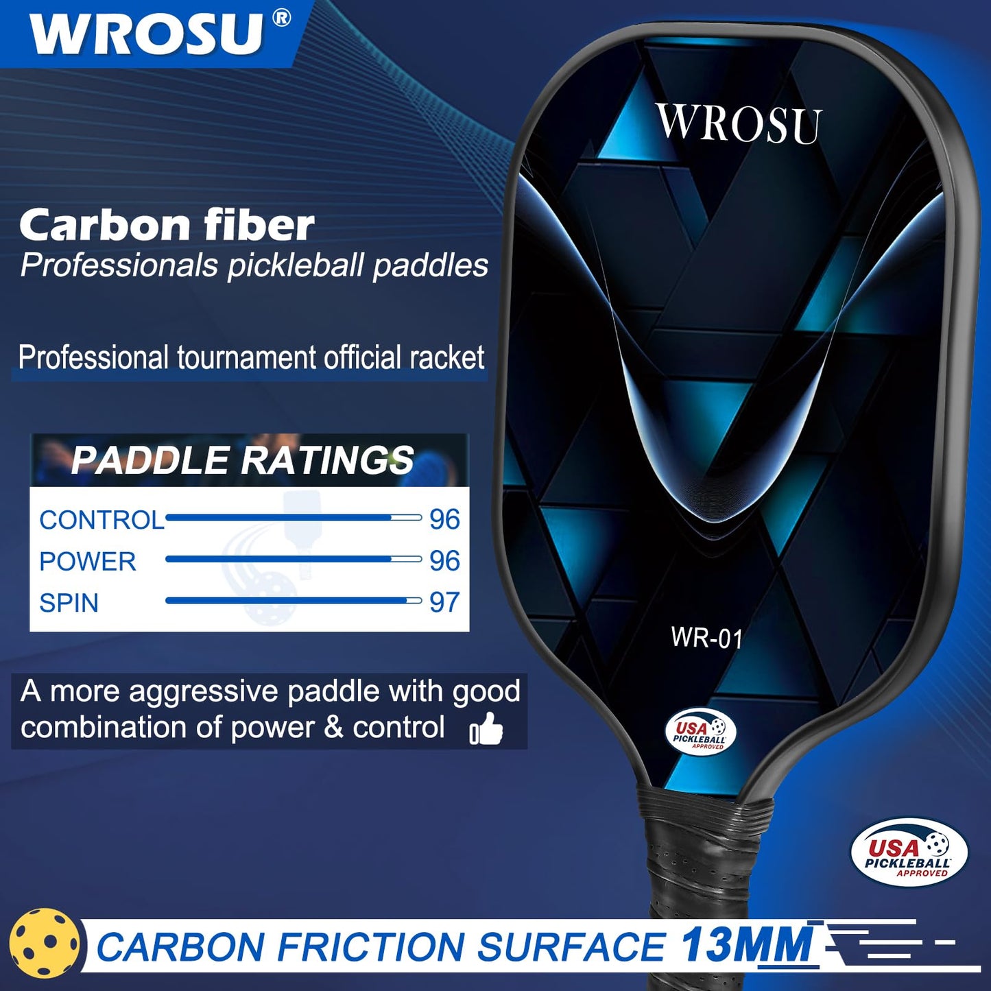 WROSU Pickleball Paddles Set of 4 Carbon Fiber | 2024 USAPA Approved Equipment W/Accessories | Core Carbon Fiber Pickleball Racquet | Have Traction and Stability | for Friends