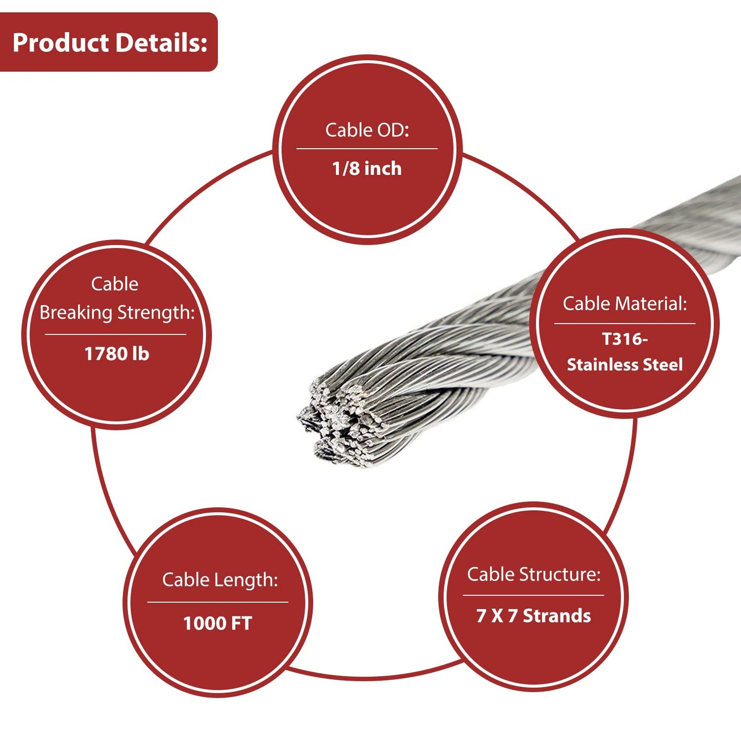 1000FT 1/8 T316 Stainless Steel Cable for Deck Railing, 7x7 Aircraft Wire Rope, Premium Balustrade Kit with Cutter, DIY Stair & Porch Cable System