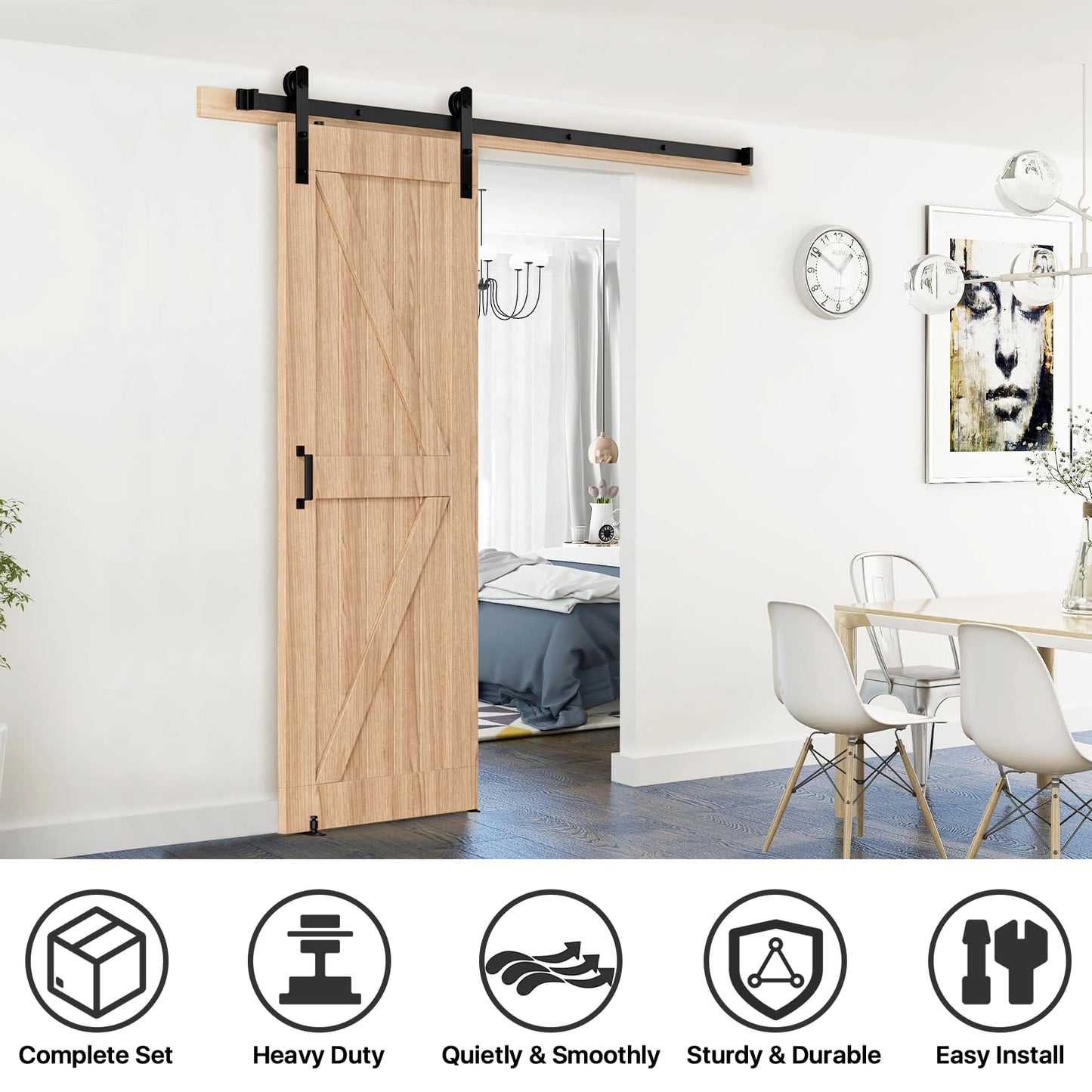 Signstek 8FT Sliding Barn Door Hardware Kit Heavy Duty with Door Hook, Adjustable Floor Guide and 2 Handles -Easy to Install, Smoothly and Quietly, Fit 1 3/8-1 3/4" Thickness -Black, I Shape Hanger