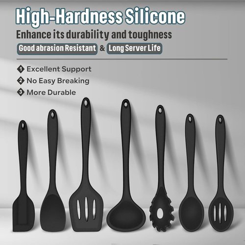 E-far Silicone Cooking Utensils Set - 7-Piece Heat Resistant Nonstick Kitchen Tools | Black, Non-Toxic & Dishwasher Safe