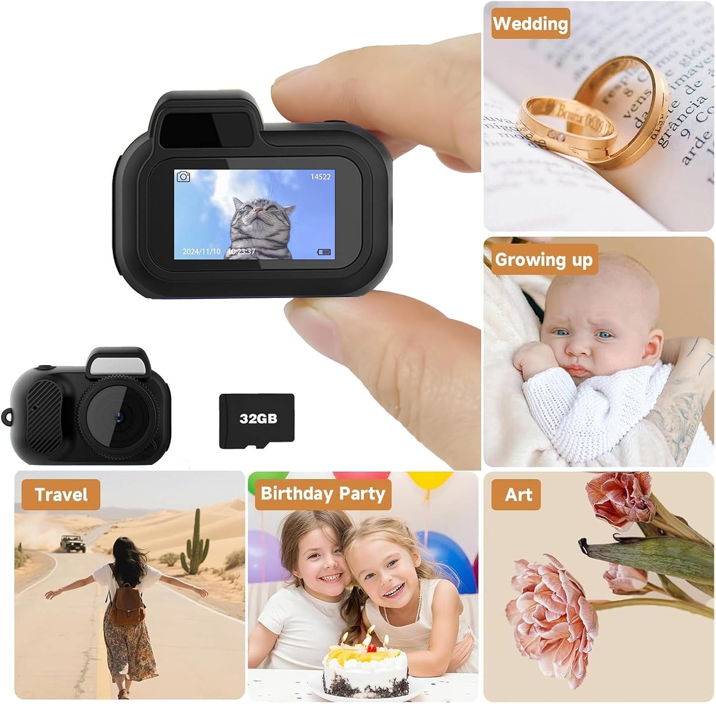Sniegauu 32GB 1080P 6 Filters,0.96'' Mini Keychain Camera, Retro Micro with Card, Retro Snap Digital Camera HD Tiny