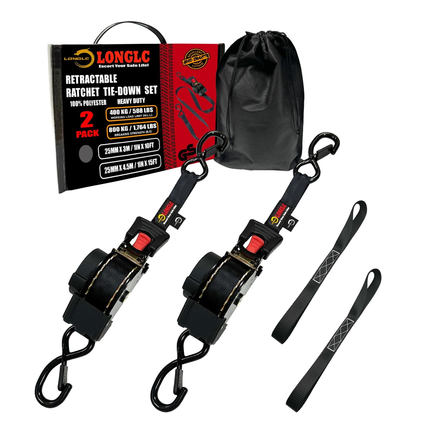 LONGLC 4-Pack Retractable Ratchet Straps Black Heavy Duty - 1 Inch X 10Feet with Soft Loops, 2,000lbs Breaking Strength - Best for Trucks, Cargo Trailer, Motorcycle, Tie Down Straps Ratchet