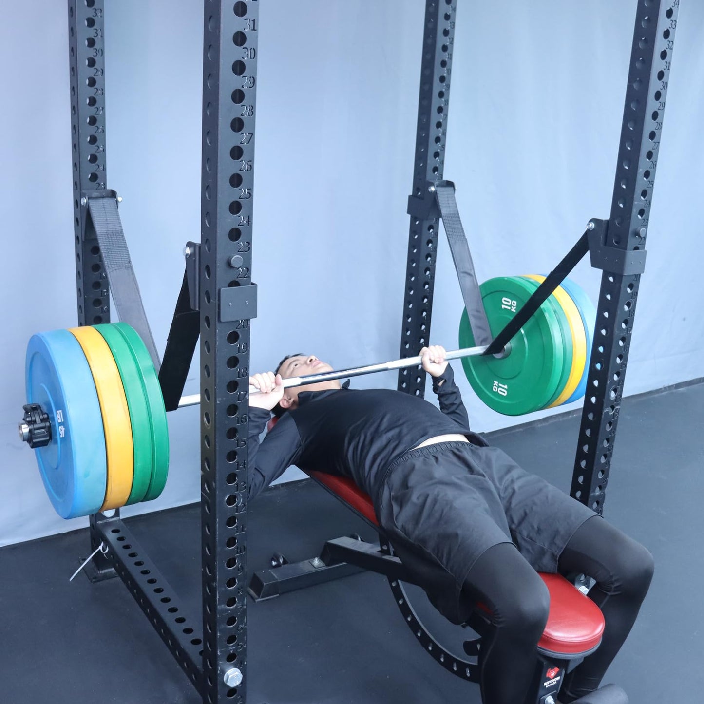 Power Rack Attachments Safety Straps Squat Rack Attachments Fit 3x3 Power Rack for Row Deadlift Bench Press Hip Thrust Chest Press and More (Black, 2"x2" Column,1" Aperture,Straps Length 3.94FT)