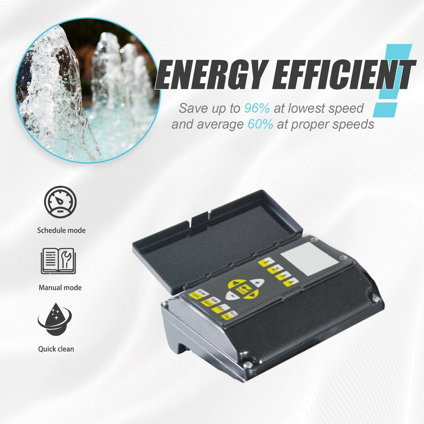 Variable Speed Pool Pump, 2.0HP, CEC & DOE compliant, 230V, 6420 GPH high flow. Energy-efficient VFD motor, strong suction, self-priming, for in/above-ground pools, with 1.25", 1.5" & 2" unions