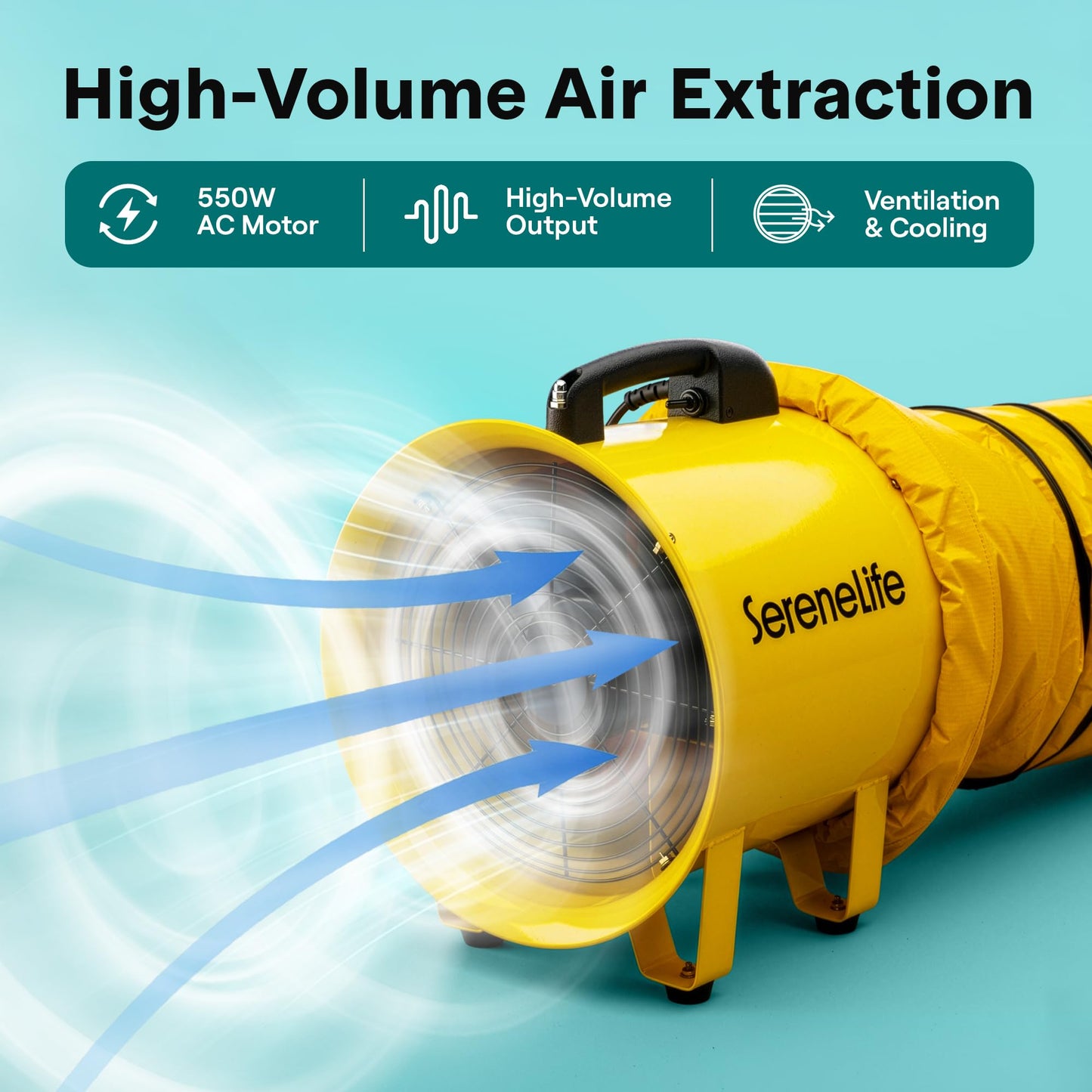 SereneLife Heavy Duty Cylinder Fan 12 inch,Blower Fan with 3200 CFM Airflow, 25ft PVC Ducting, Industrial Exhaust for Warehouses, Workshops, Crawl Spaces, & Basements, Smoke & Odor Removal